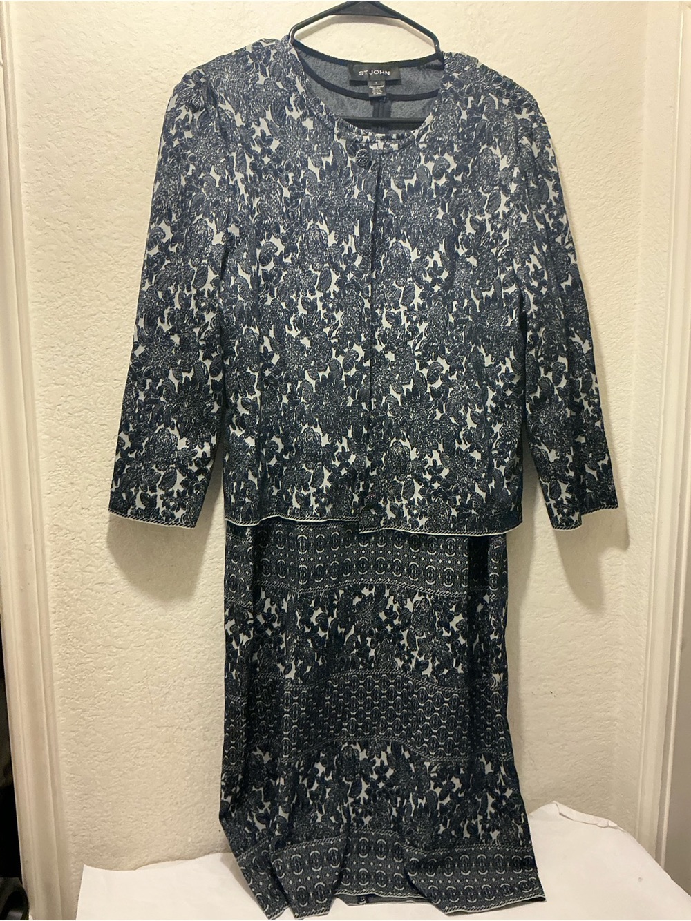 St. John Navy and White Printed Long-Sleeve Dress with Matching Jacket